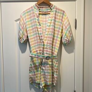 S/W/F Puff Sleeve Pastel Plaid Romper
